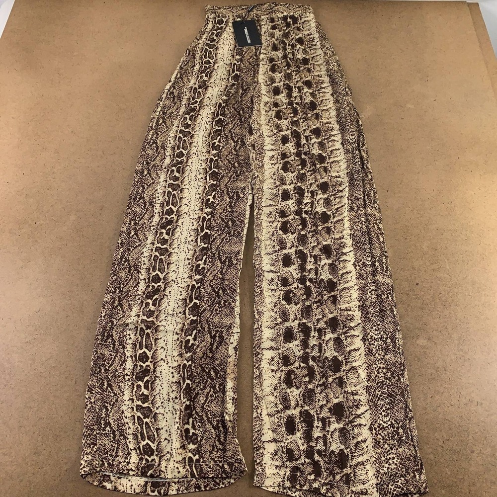 Pretty Little Thing Womens Wide Flared Leg Pants Brown Snake Print Stretch 2 New